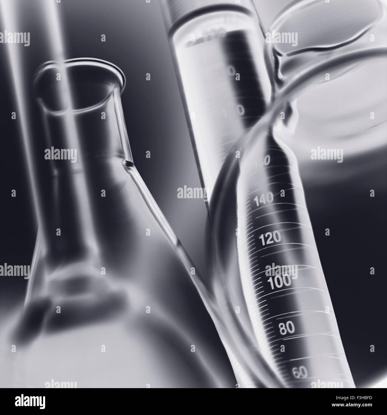 Volumetric laboratory glassware used in a chemistry lab, closeup Stock