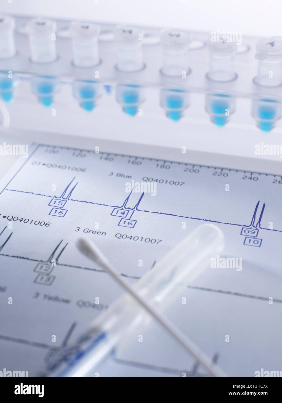 Samples and swab containing DNA sample on genetic testing results Stock Photo