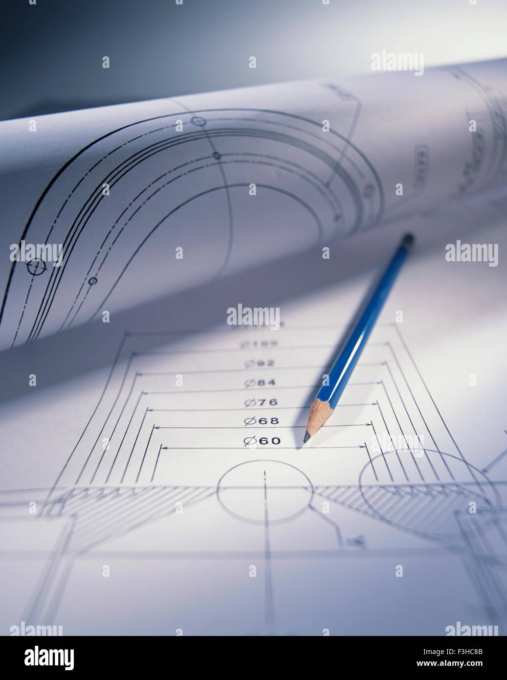 Engineering drawing and pencil Stock Photo
