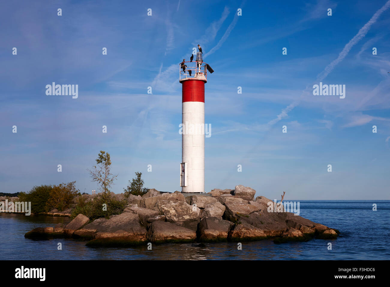 Cormorant Birds Perched On Top Of A Radio Beacon Lighthouse At The Entrance To Port Dover Harbour Ontario Canada Stock Photo