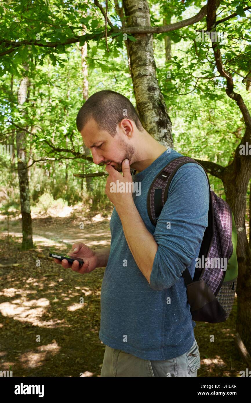 Male hiker looking down at smartphone in forest Stock Photo