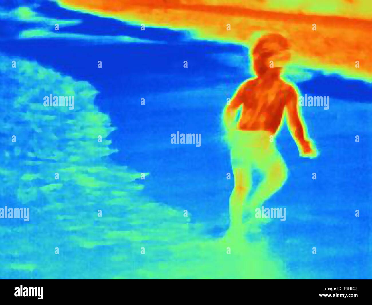 Thermal image of young boy standing in sea Stock Photo - Alamy