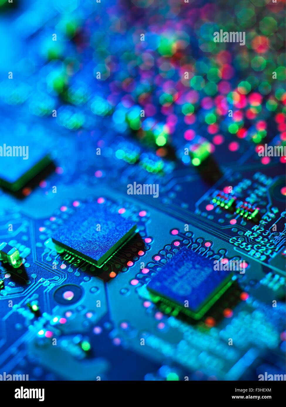 Close up detail of blue computer circuit board Stock Photo