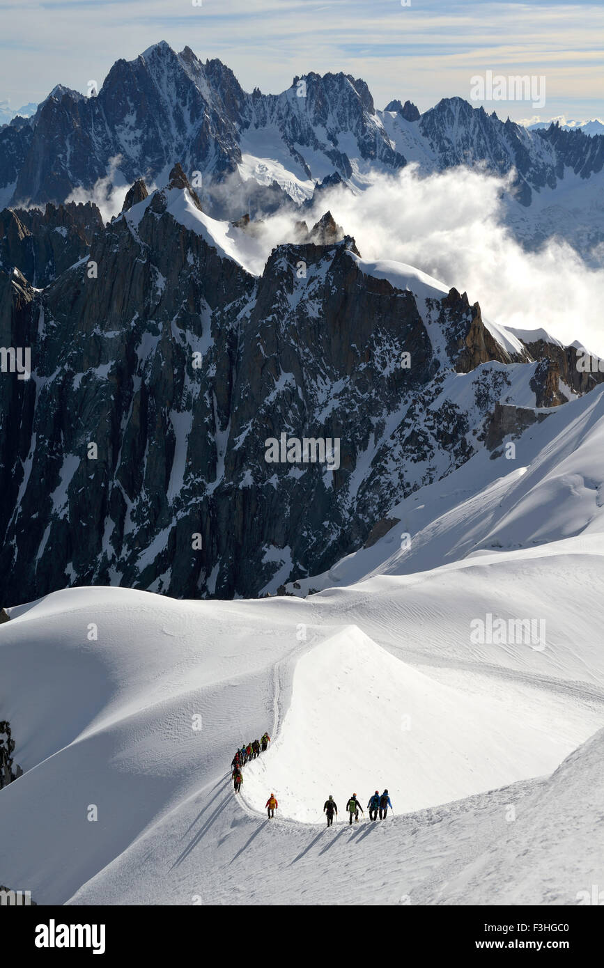 Mountaineers and climbers, Aiguille du Midi, Mont Blanc Massif, Chamonix, French Alps, Haute Savoie, France, Europe Stock Photo