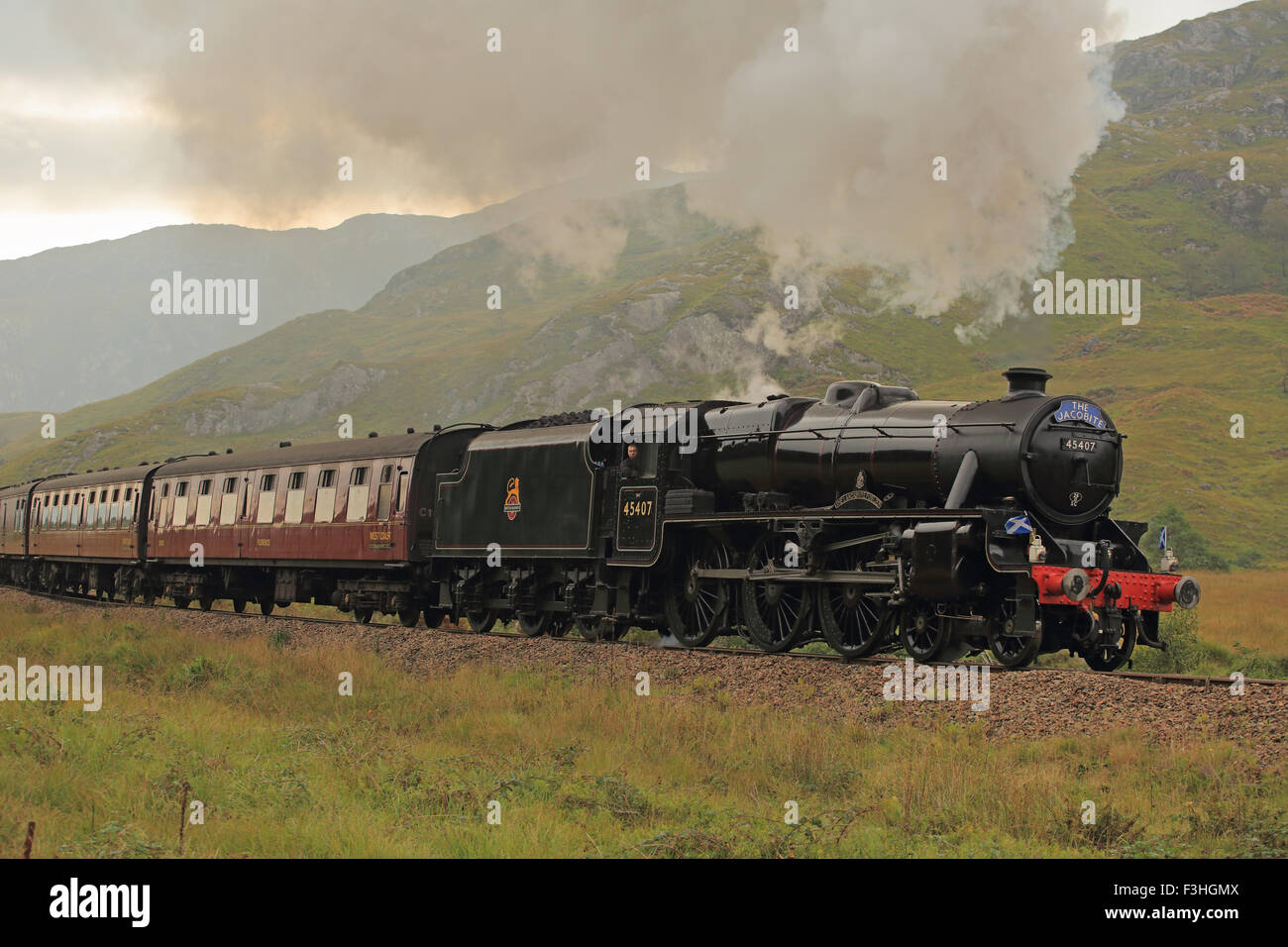 The Jacobite Steam Train traveling through the Scottish Highlands