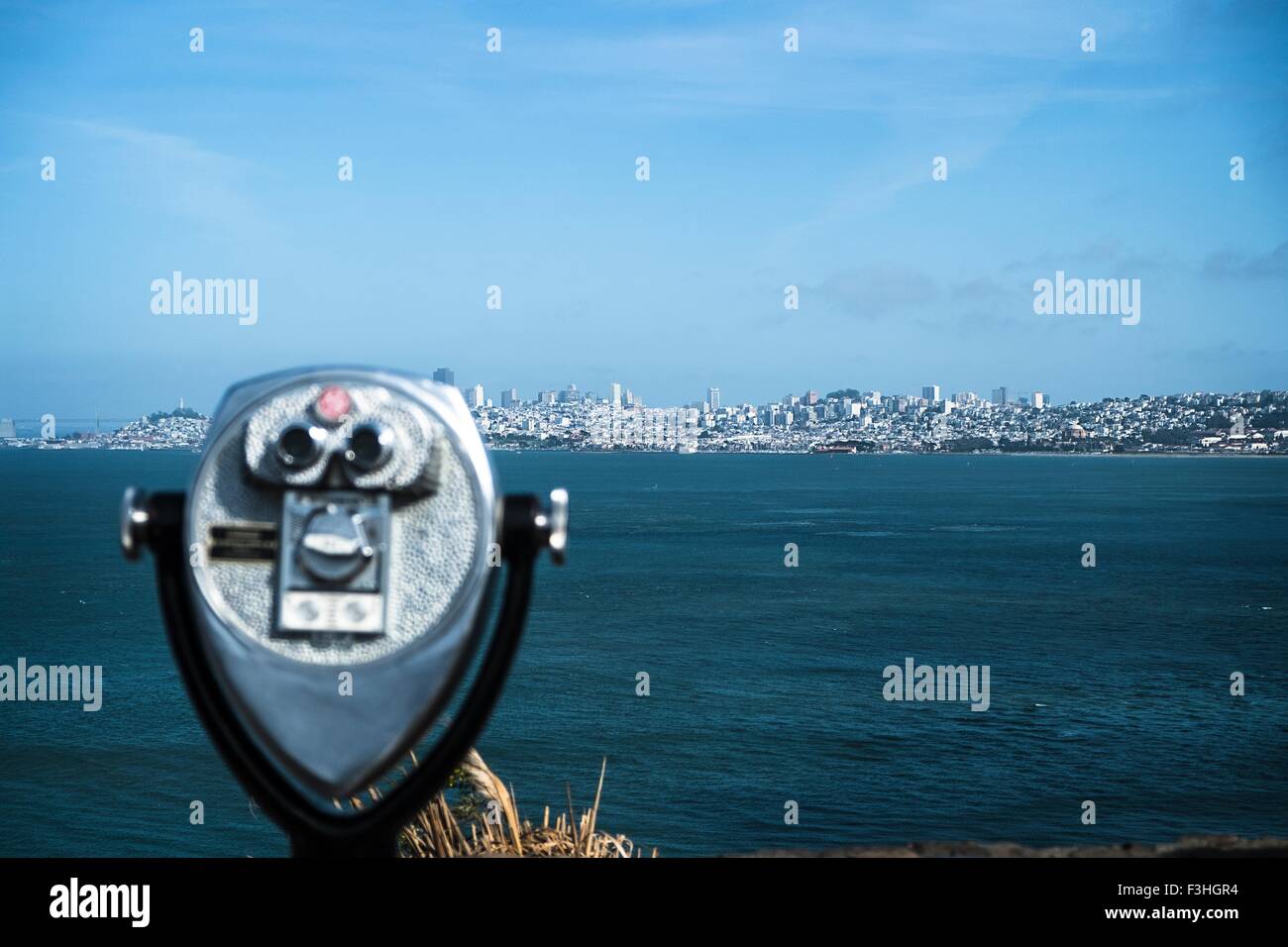 Coin-operated binoculars, skyline in background, San Francisco, California, USA Stock Photo