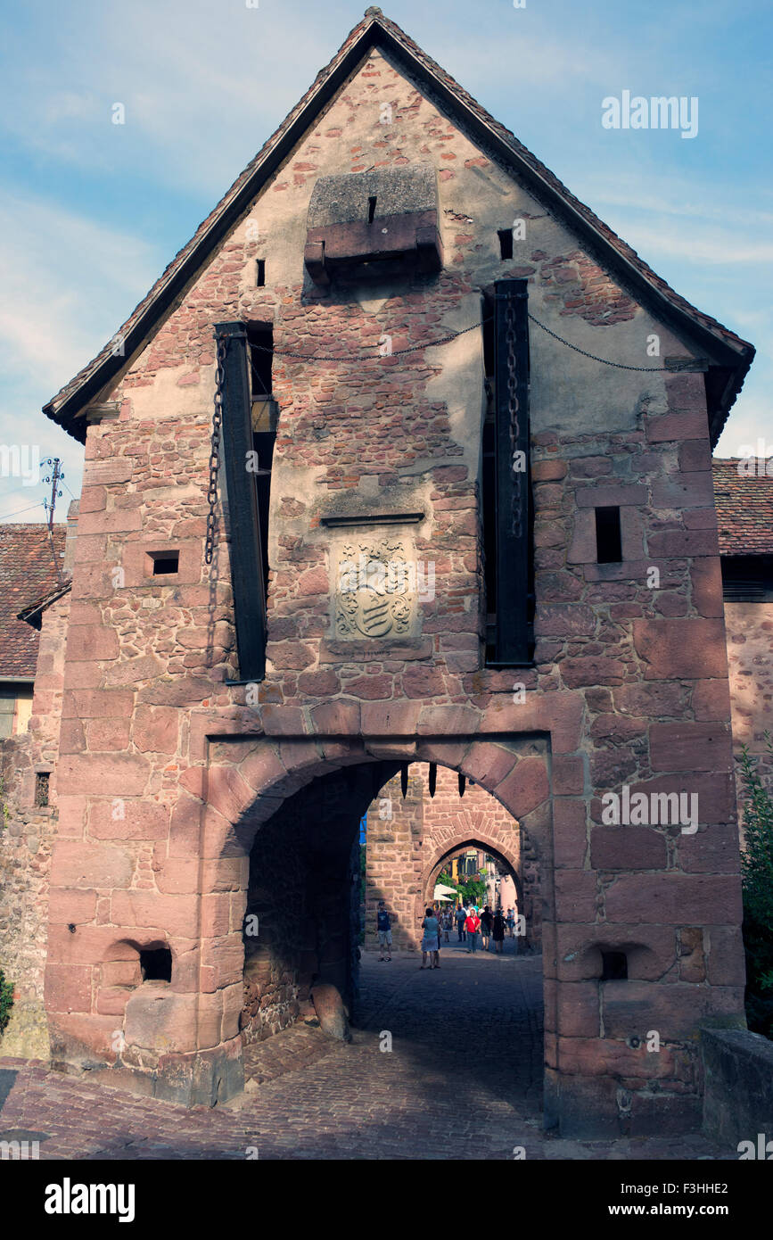 Ancient gate and drawbridge Riquewihr Alsace France Stock Photo