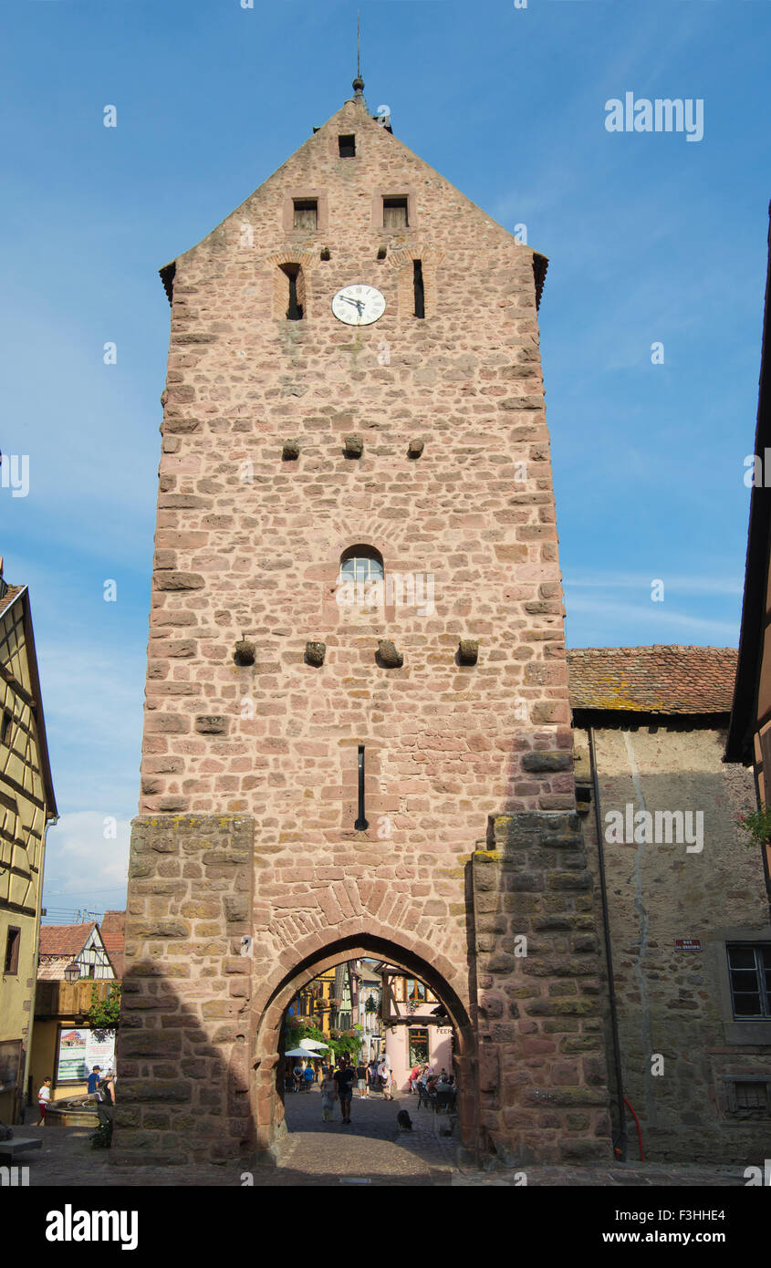 Old Clock Tower Riquewihr Alsace France Stock Photo