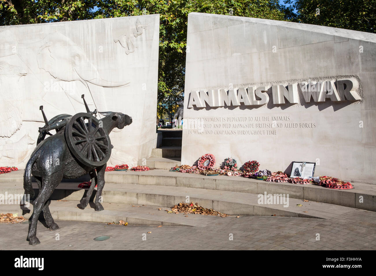 The Animals in War memorial located on Park Lane in London. The ...