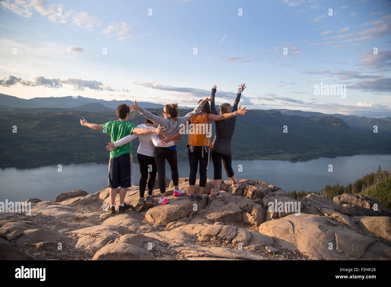 Friends enjoying view on hill, Angel's Rest, Columbia River Gorge, Oregon, USA Stock Photo