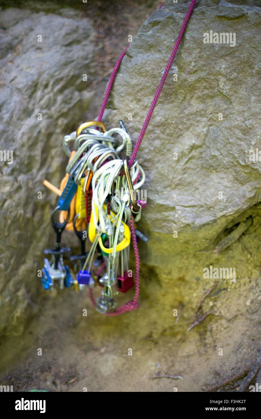 Rock climbing equipment, French's Dome, Zig Zag, Oregon, USA Stock Photo