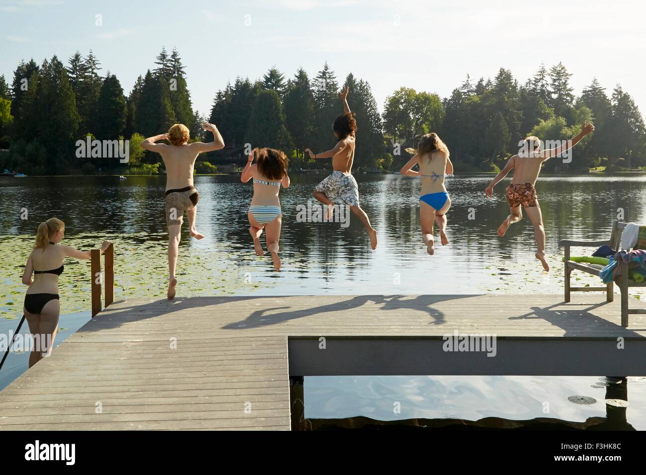Friends having fun at lake, Seattle, Washington, USA Stock Photo