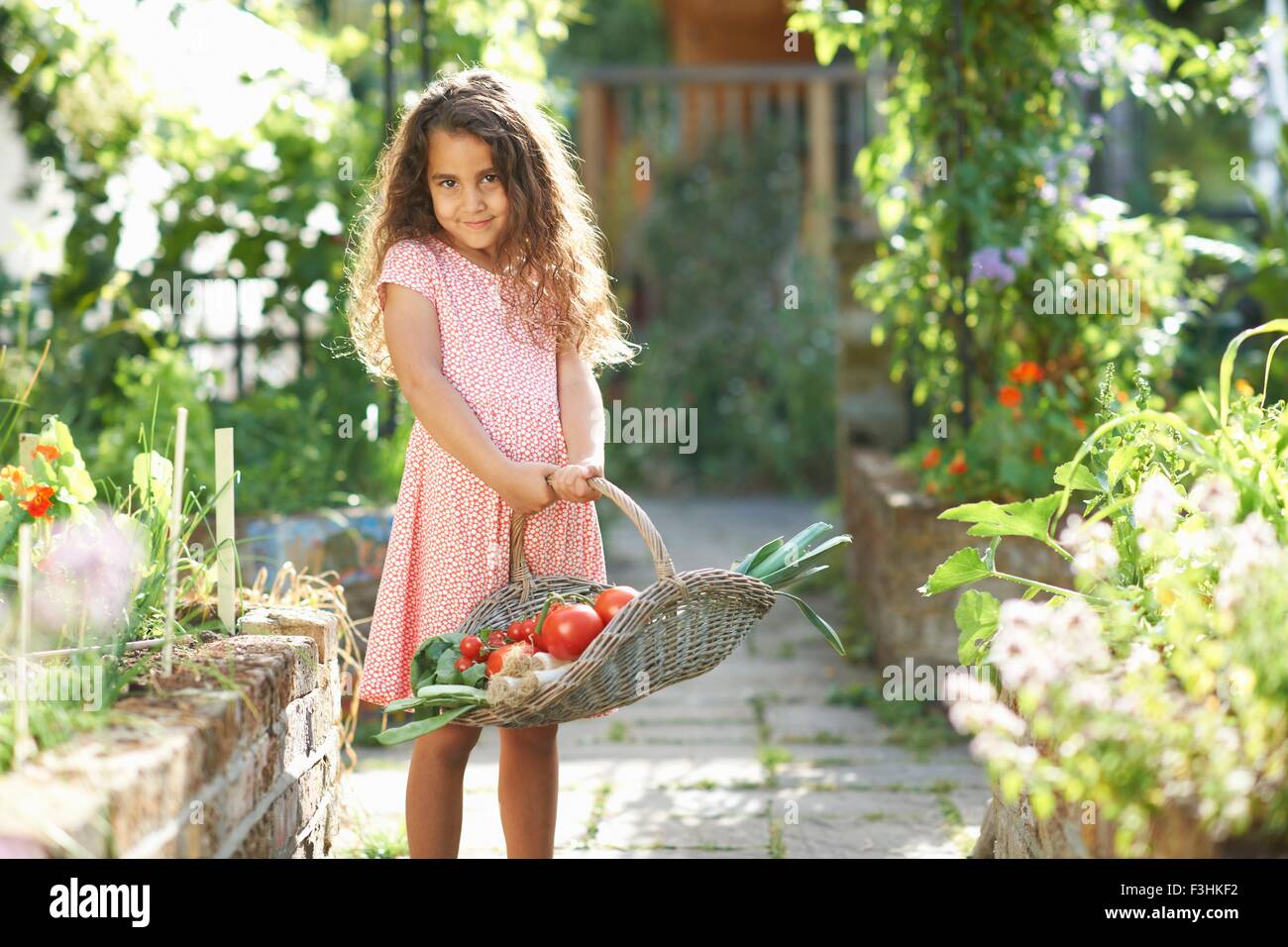 Portrait of pretty girl holding basket of fresh vegetables in garden ...