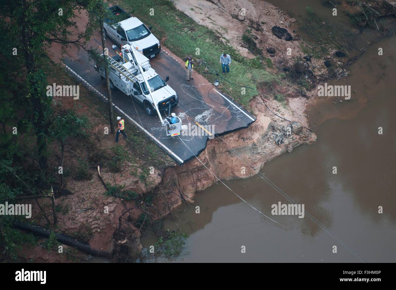 Aerial view of floodwaters and a road wash away after record breaking storms dumped more than two feet of rain October 5, 2015 in Columbia, South Carolina. Stock Photo