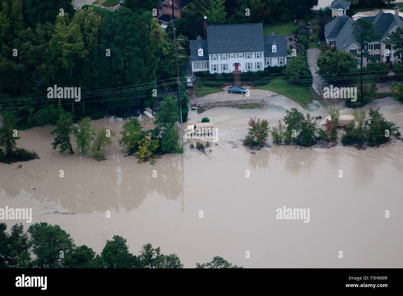 Aerial view of floodwaters after record breaking storms dumped more than two feet of rain October 5, 2015 in Columbia, South Carolina. Stock Photo