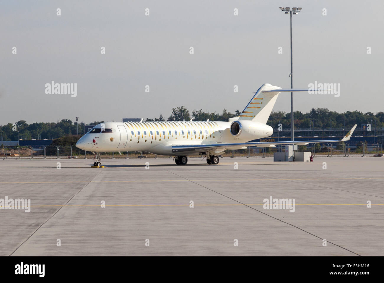 Bombardier Global Express of the Cirque du Soleil at the Frankfurt Airport. Stock Photo