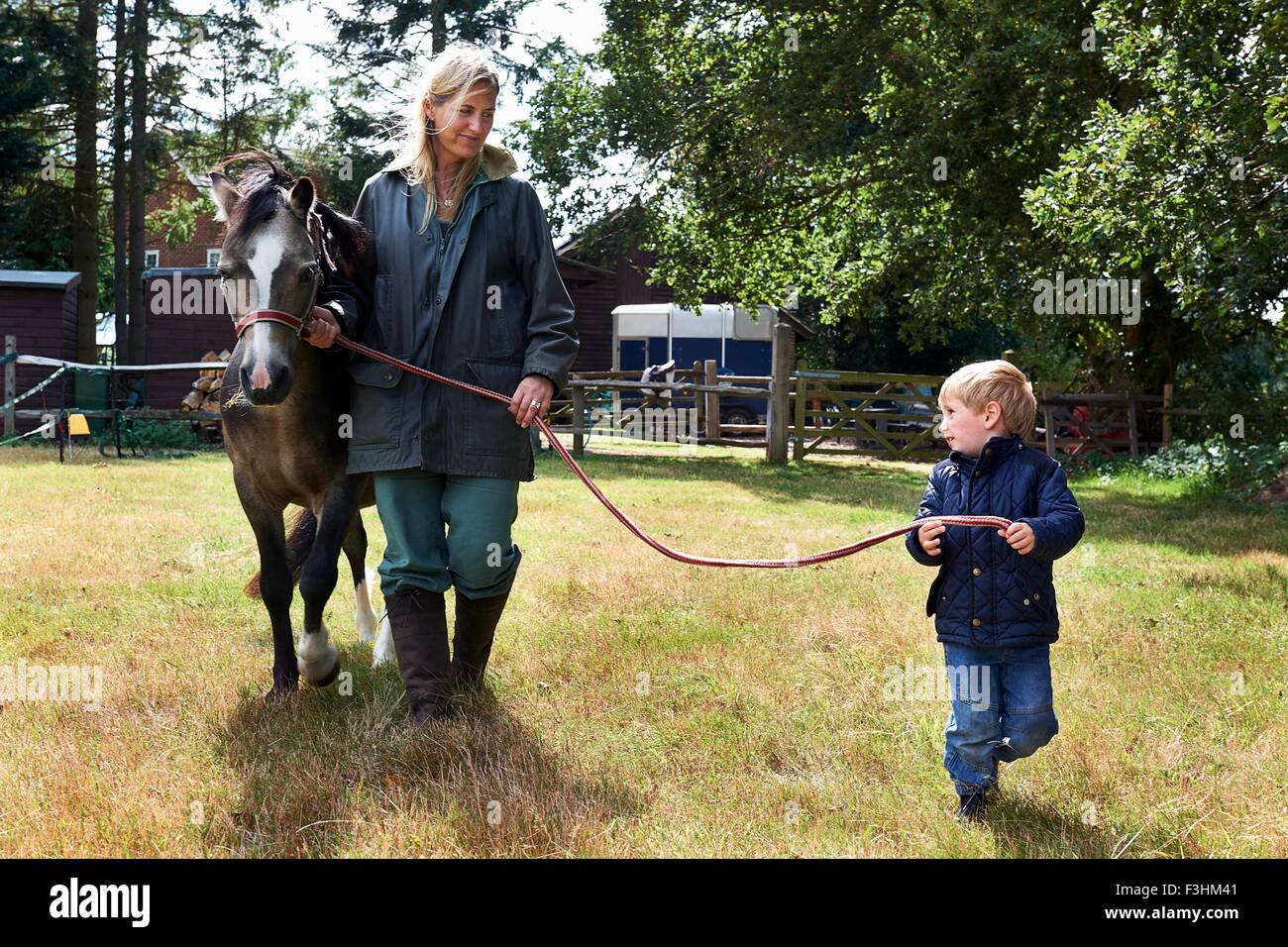 Small boy and mother leading pony in field Stock Photo