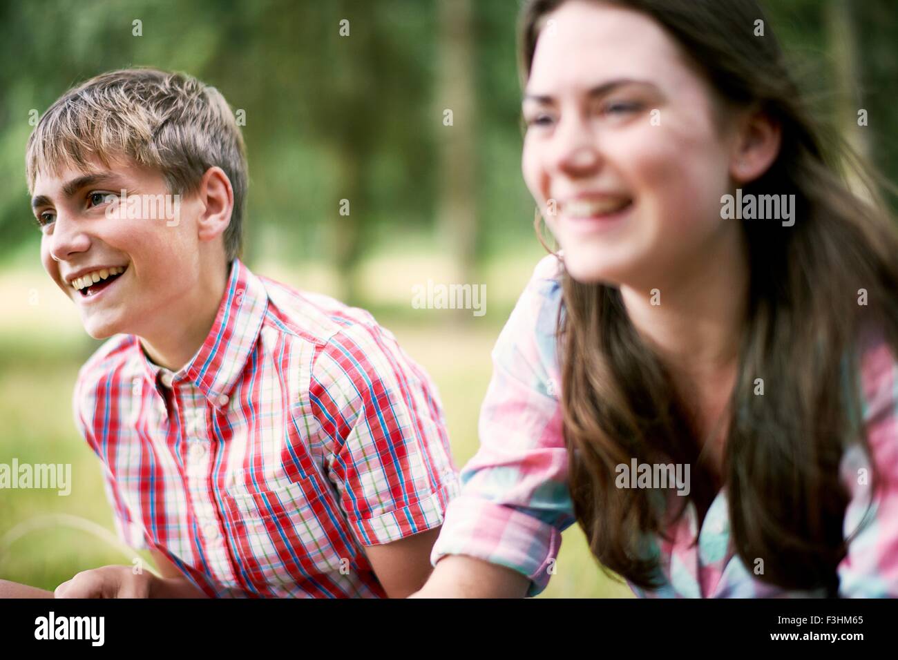 Teenage brother and sister laughing in woodland Stock Photo