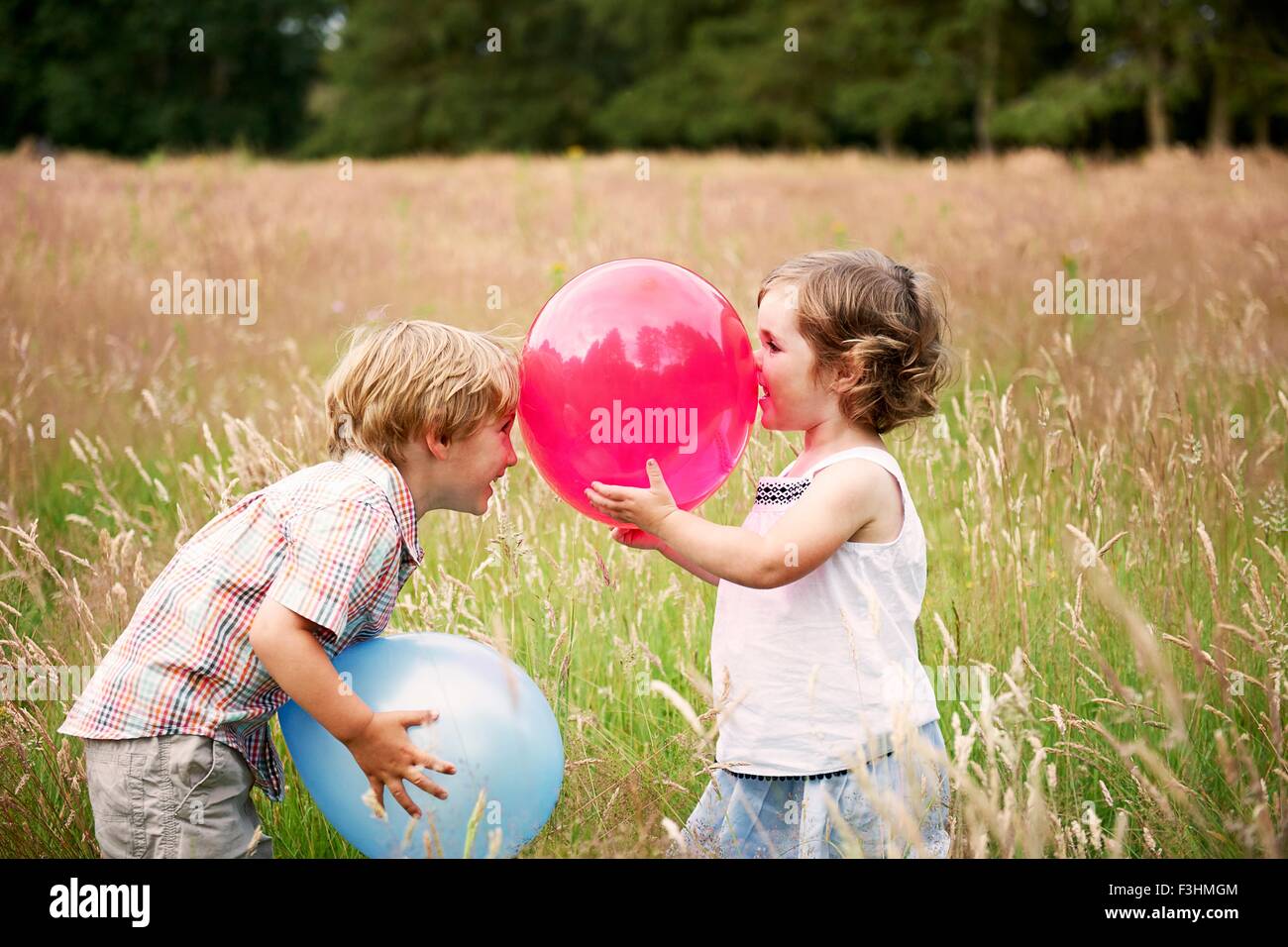 Brother and sister in tall grass face to face playing with balloon Stock Photo