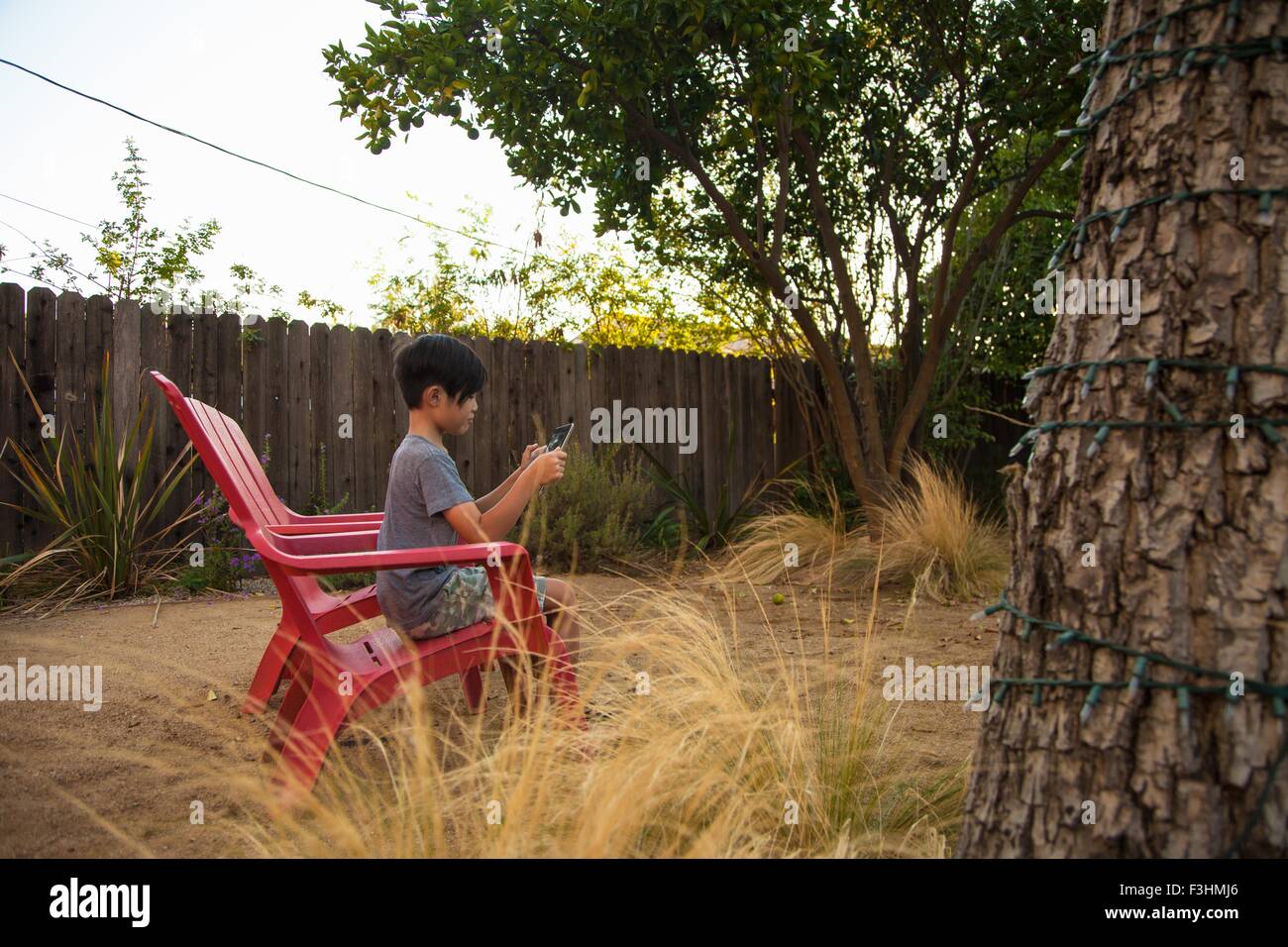 Boy playing game on digital tablet in garden Stock Photo
