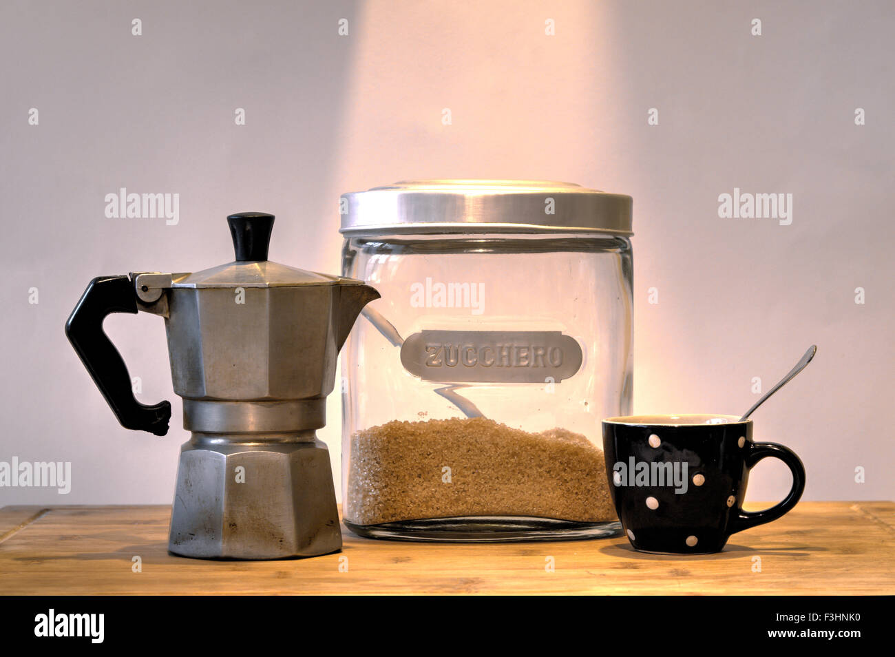 Italian Moka, coffee cups and ingredient for preparation Stock Photo