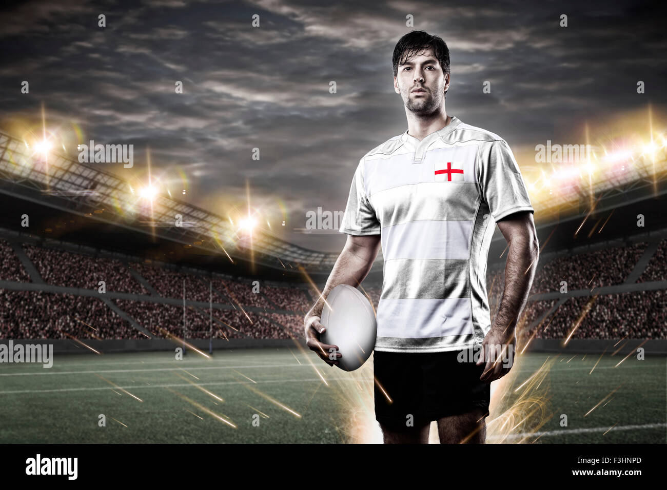 English rugby player, wearing a white unifrme in a stadium. Stock Photo
