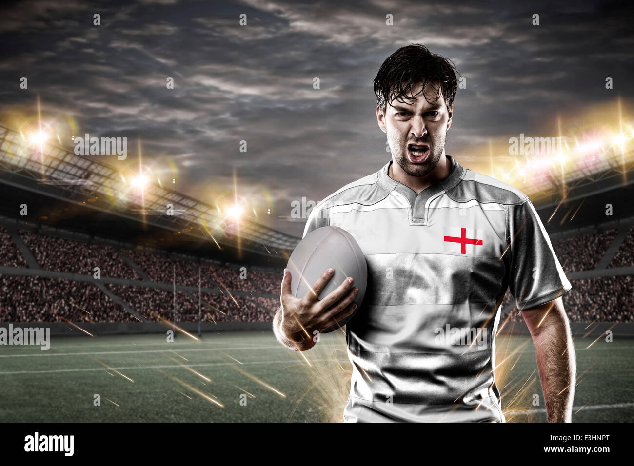 English rugby player, wearing a white unifrme in a stadium. Stock Photo