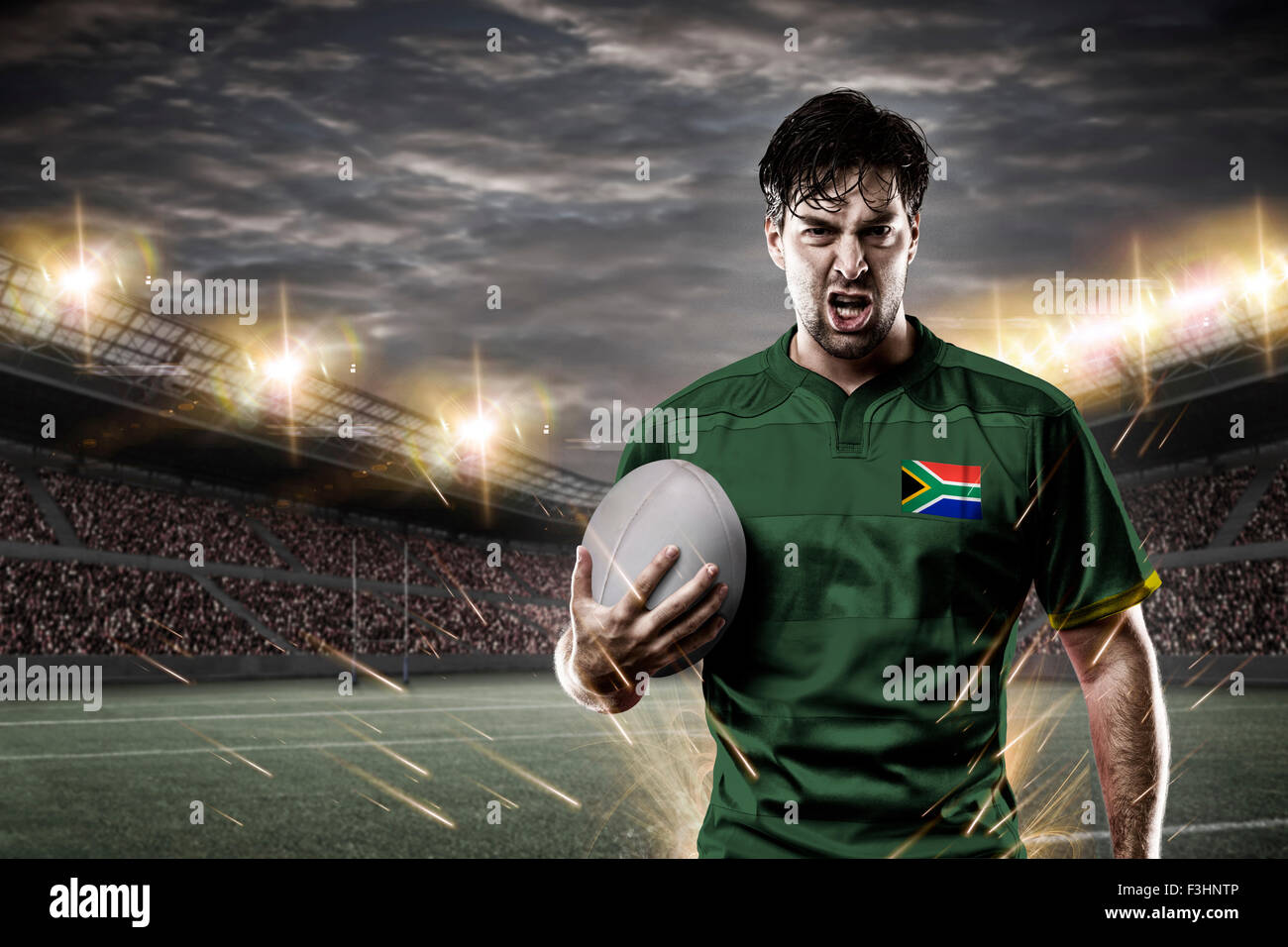 South African rugby player, wearing a green and gold uniform in a
