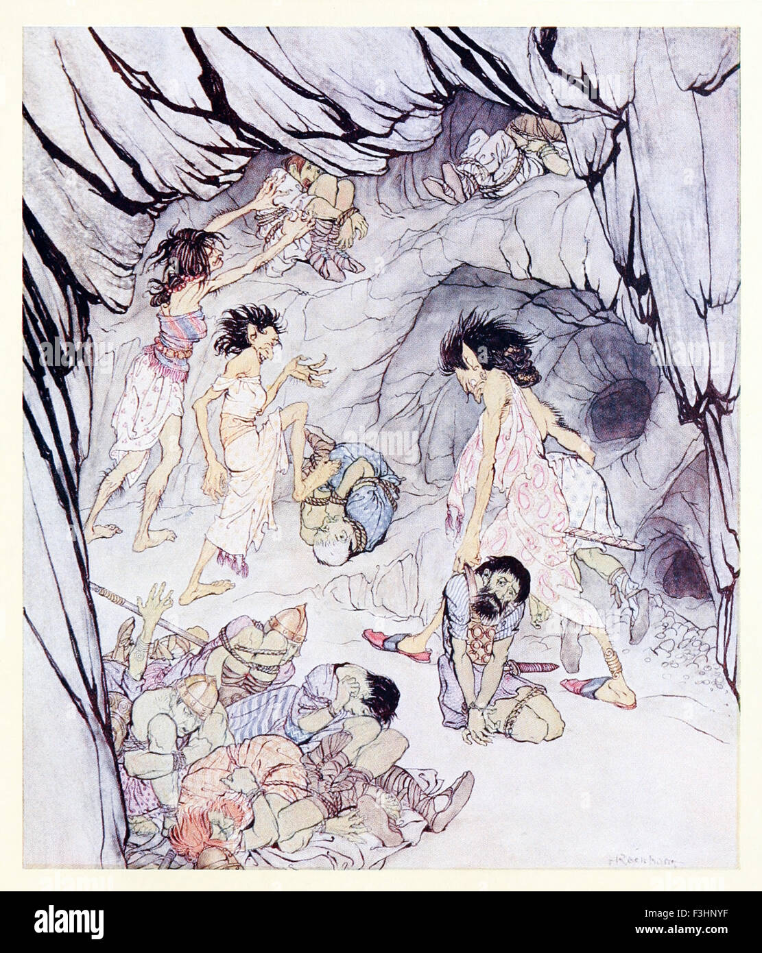 'This one is fat,' said Cullen, and she rolled a bulky Fenian along like at wheel' from 'The Enchanted Cave of Cesh Corran' in 'Irish Fairy Tales', illustration by Arthur Rackham (1867-1939). See description for more information. Stock Photo