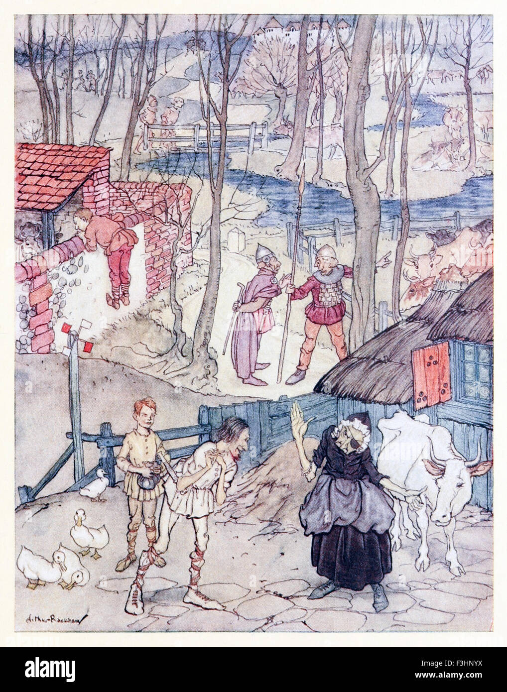 'They offered a cow for each leg of her cow, but she would not accept that offer unless Fiachna went bail for the payment.' from 'Mongan's Frenzy' in 'Irish Fairy Tales', illustration by Arthur Rackham (1867-1939). See description for more information. Stock Photo