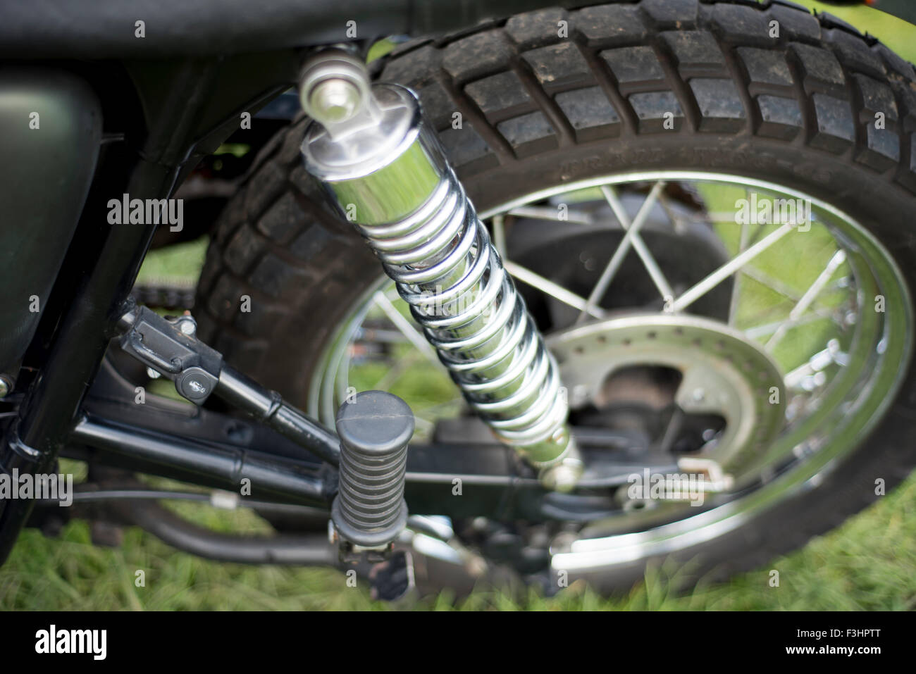 Shock Absorber of motor bike with wheel, and tire Stock Photo