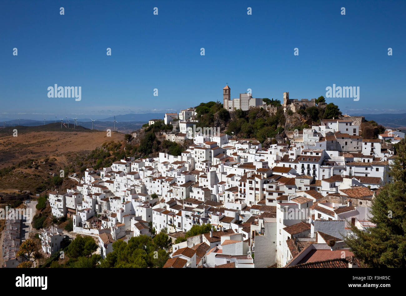 The "White" villages of Casares with it's Moorish Castle, Malaga Province, Andalucia, Spain Stock Photo