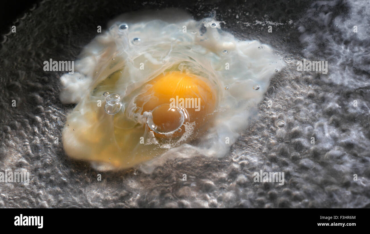 EGG FRYING PAN OIL CLOSE UP  sunlit fresh organic hen's egg starting to fry in oil in kitchen frying pan Stock Photo
