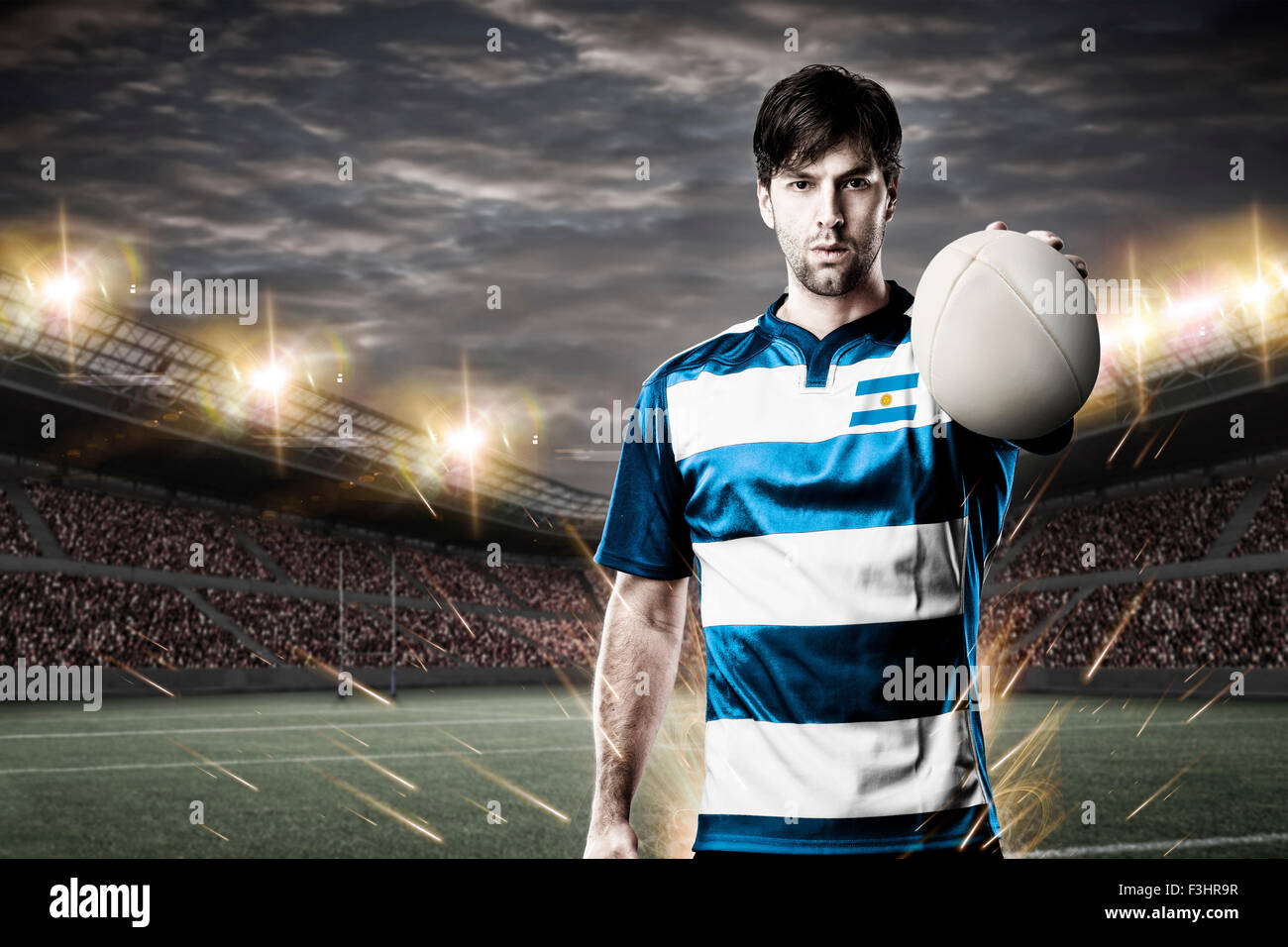 Argentinean rugby player, wearing a blue and white uniform in a stadium. Stock Photo