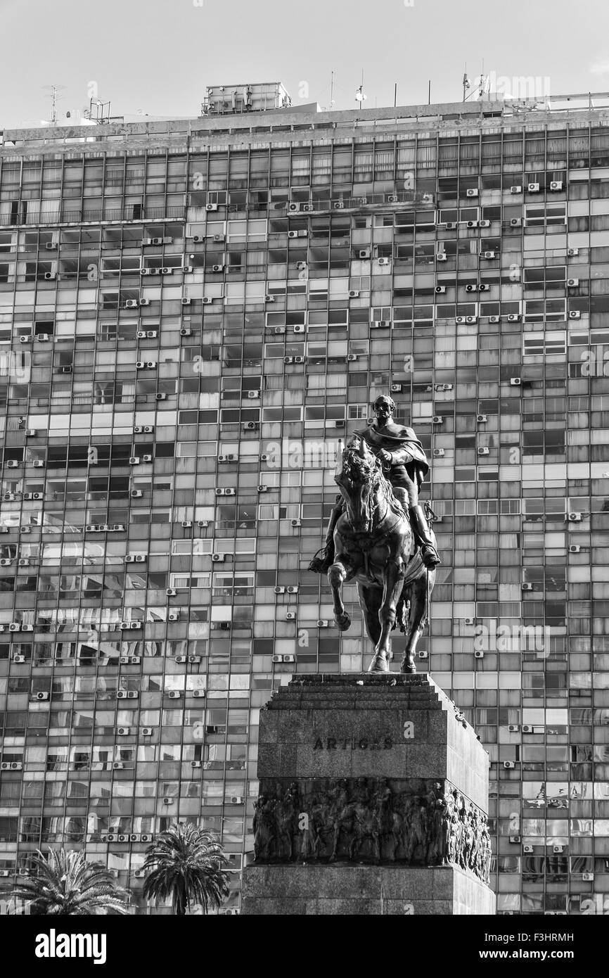 Montevideo downtown scene with the statue of national hero Artigas against the background of high rise buildings Stock Photo