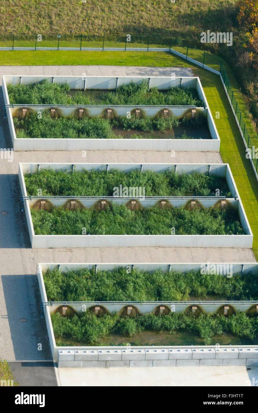 France, Bas Rhin (67), near Brumath, water sewage treatment plant (aerial view) Stock Photo