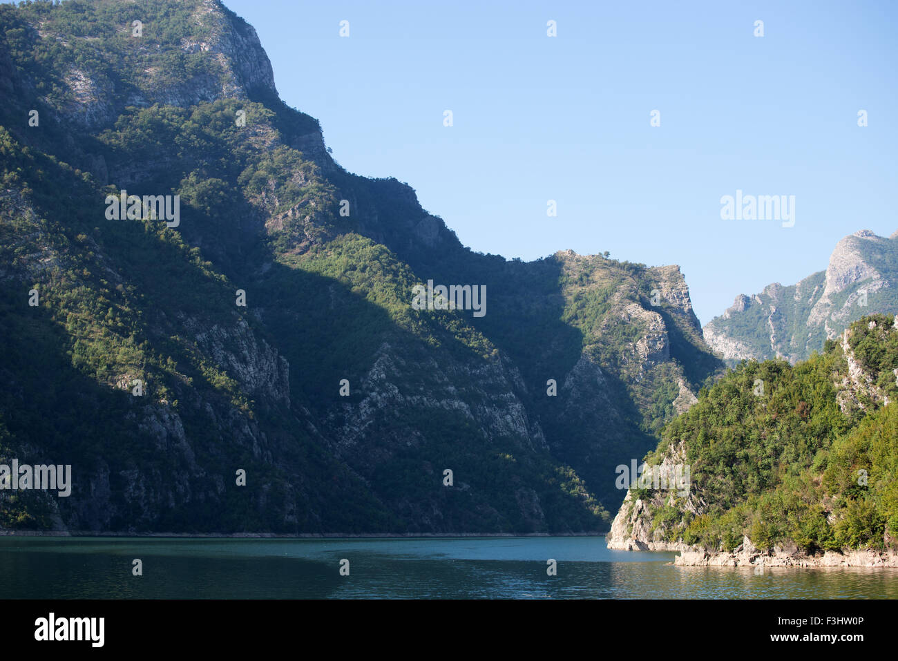 View of Koman Lake during the journey by ferry boat from the dam to Fierze, Albania Stock Photo