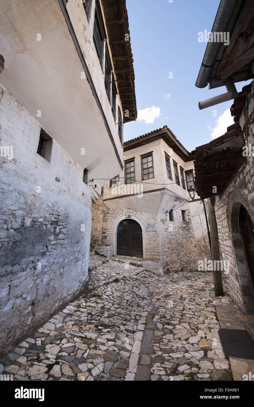 Ottoman houses on cobblestone street in District Mangalem Old Town ...