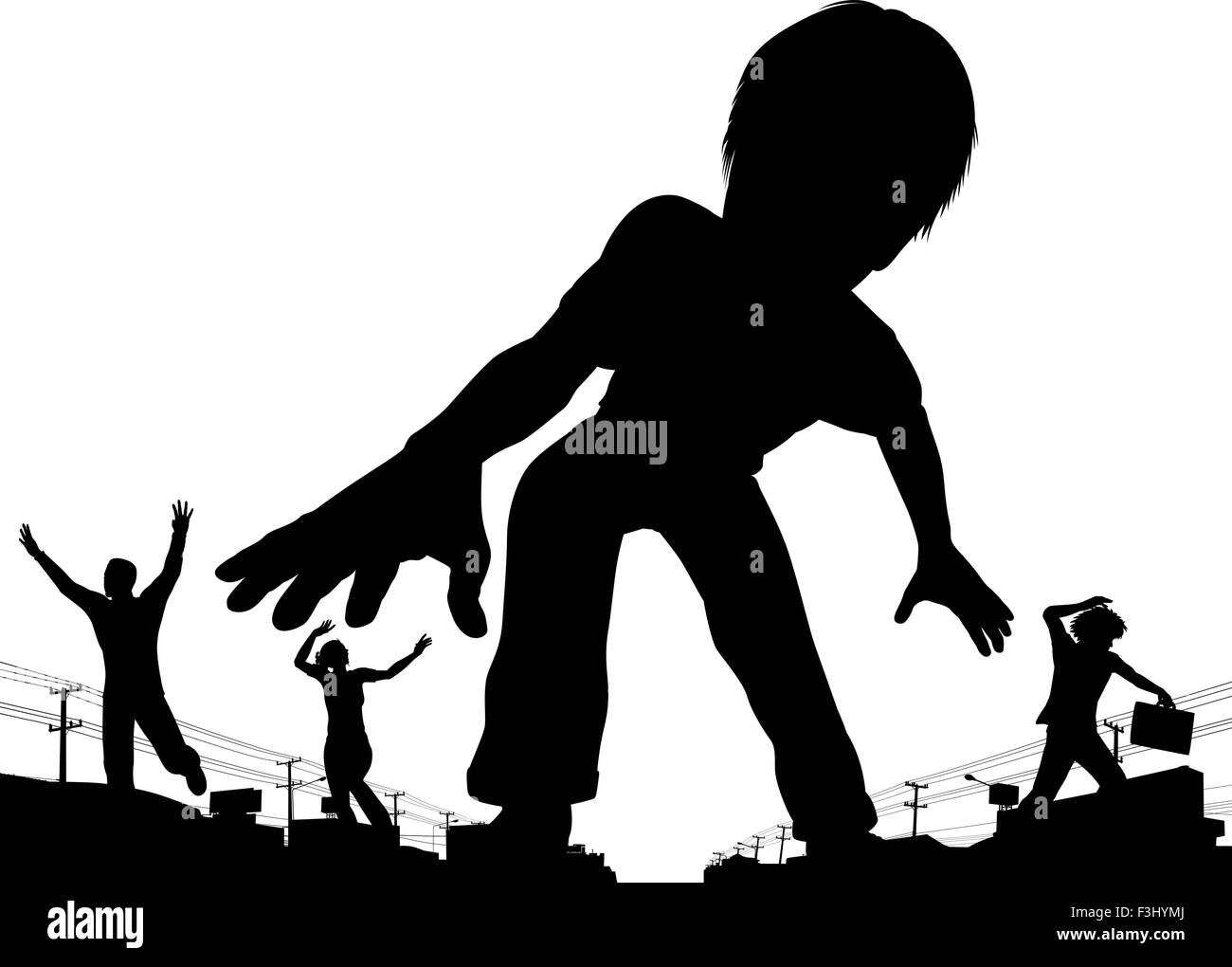 EPS8 editable vector silhouette of a giant boy terrorizing adult people in a town with all figures as separate objects Stock Vector