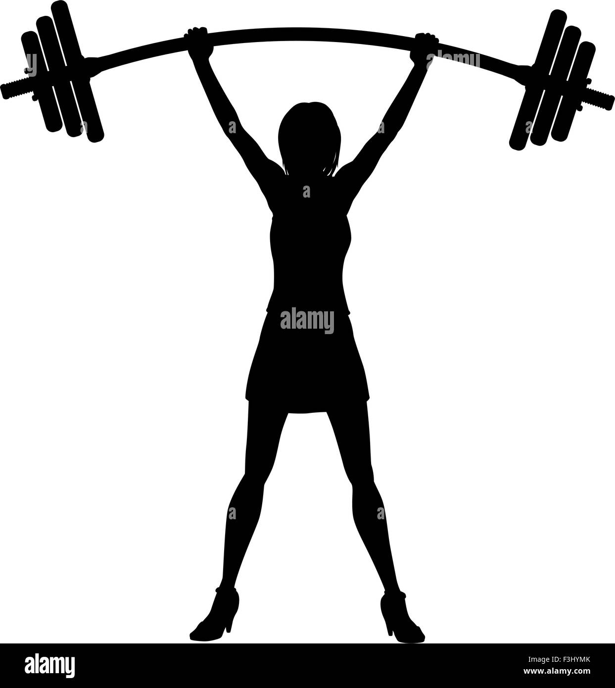 EPS8 editable vector silhouette of a woman easily lifting a heavy weight barbell Stock Vector