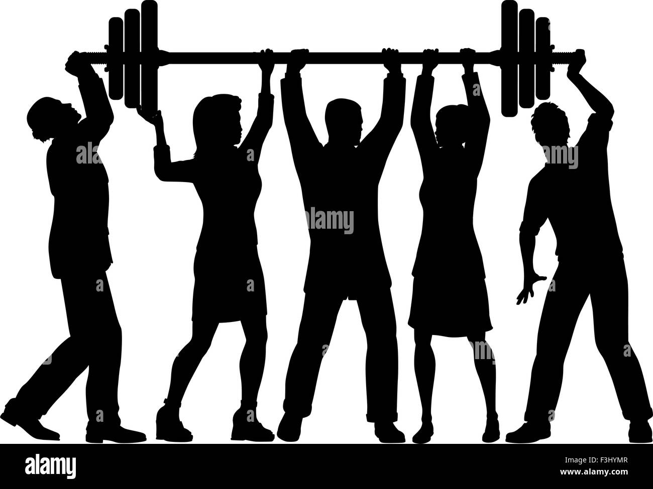 EPS8 editable vector silhouette of a business team working together to lift a heavy weight barbell with all figures as separate Stock Vector