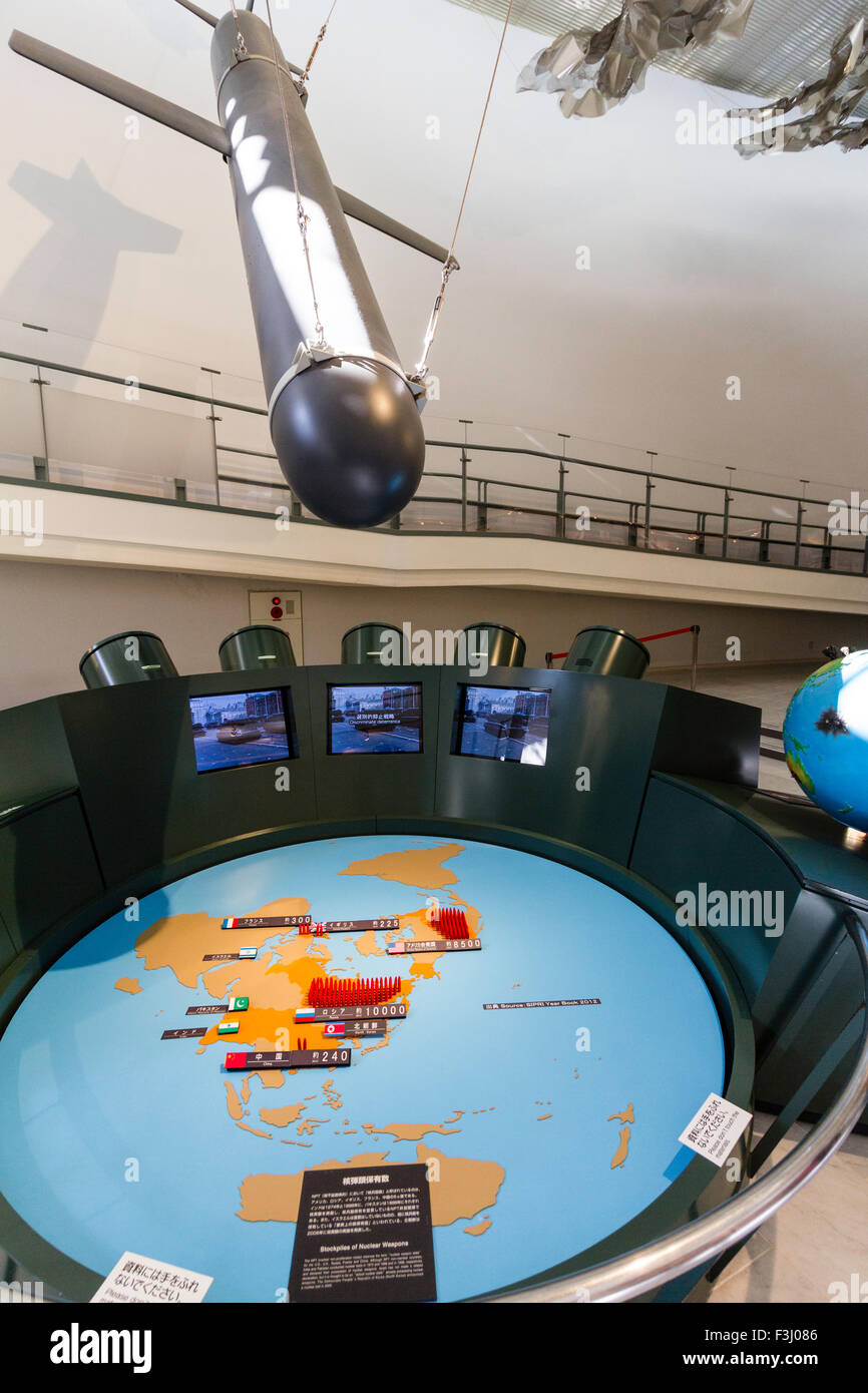Nagasaki, the Atomic bomb museum. Interior, display hall with Cruise missile hanging, pointing down and globe showing amount of world nuclear weapons. Stock Photo