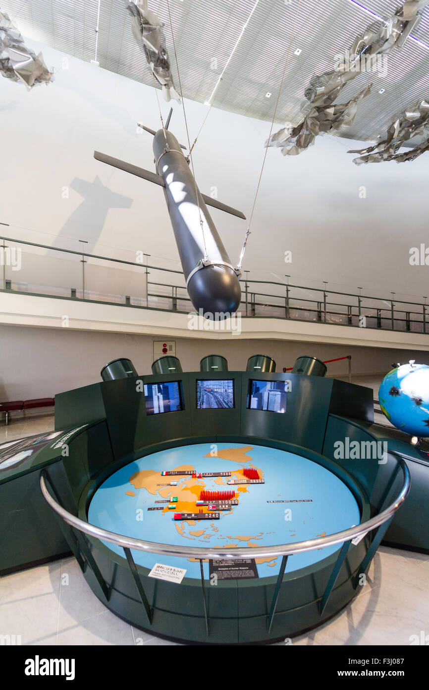 Nagasaki, the Atomic bomb museum. Interior, display hall with Cruise missile hanging, pointing down and globe showing amount of world nuclear weapons. Stock Photo