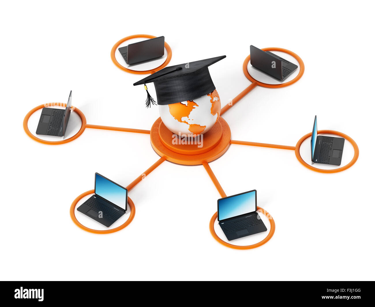 E-learning network. Laptop computer connected to the globe with a graduation cap at the the center point. Stock Photo