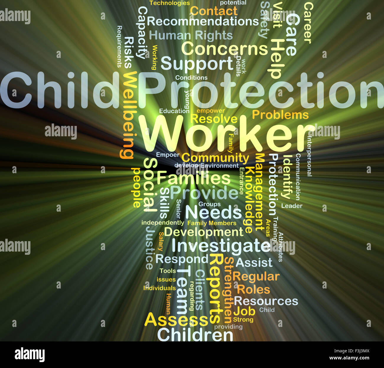 Background concept wordcloud illustration of child protection worker glowing light Stock Photo