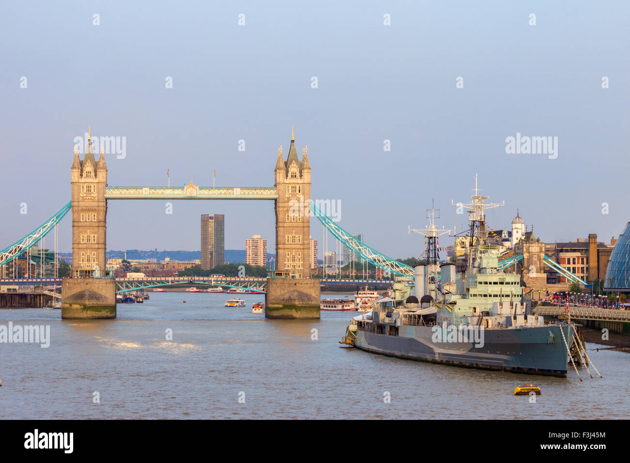 View on the Tower Bridge and HMS Belfast in London. Stock Photo