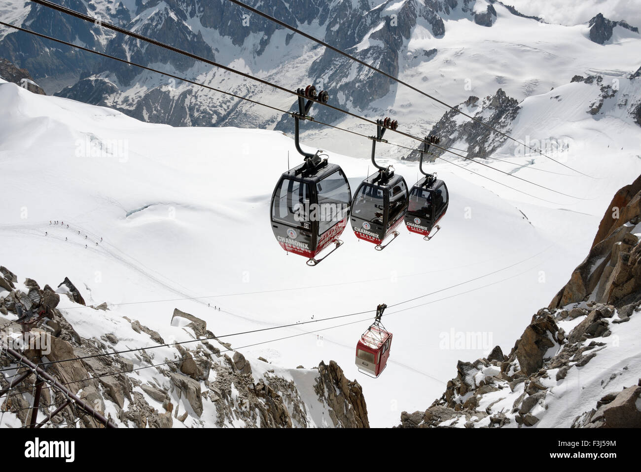 Cable cars approaching Aiguille du Midi, Mont Blanc Massif, Chamonix, French Alps, Haute Savoie