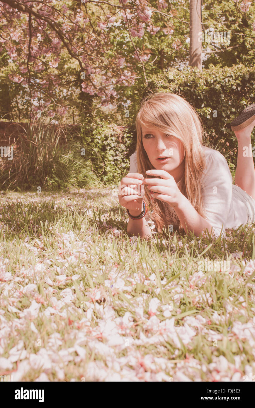 Young blond teenage girl in cherry blossom Stock Photo