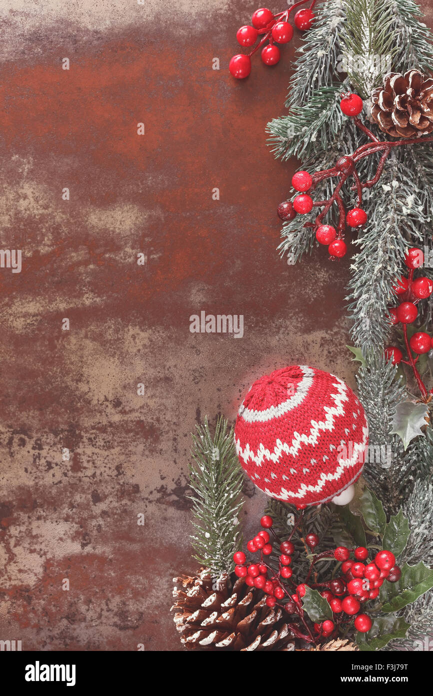 Christmas vintage background with Christmas decorations. Vintage style with blank space, Bottom Border Stock Photo