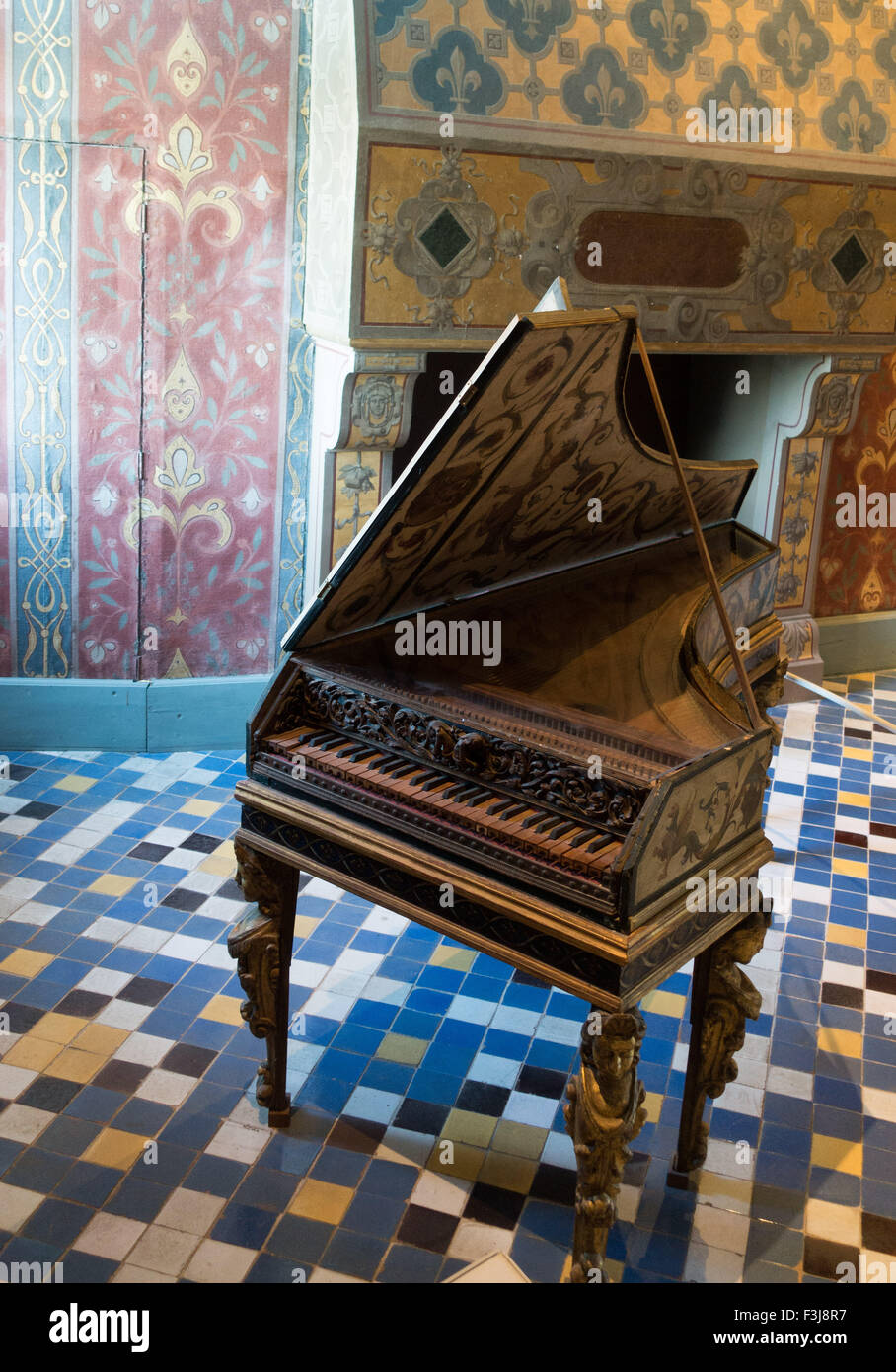 Harpsichord (Clavecin) - 1572 - in the Chateau at Blois, France, made by Giovanni  Baffo and restored by Leopold Franciolini Stock Photo